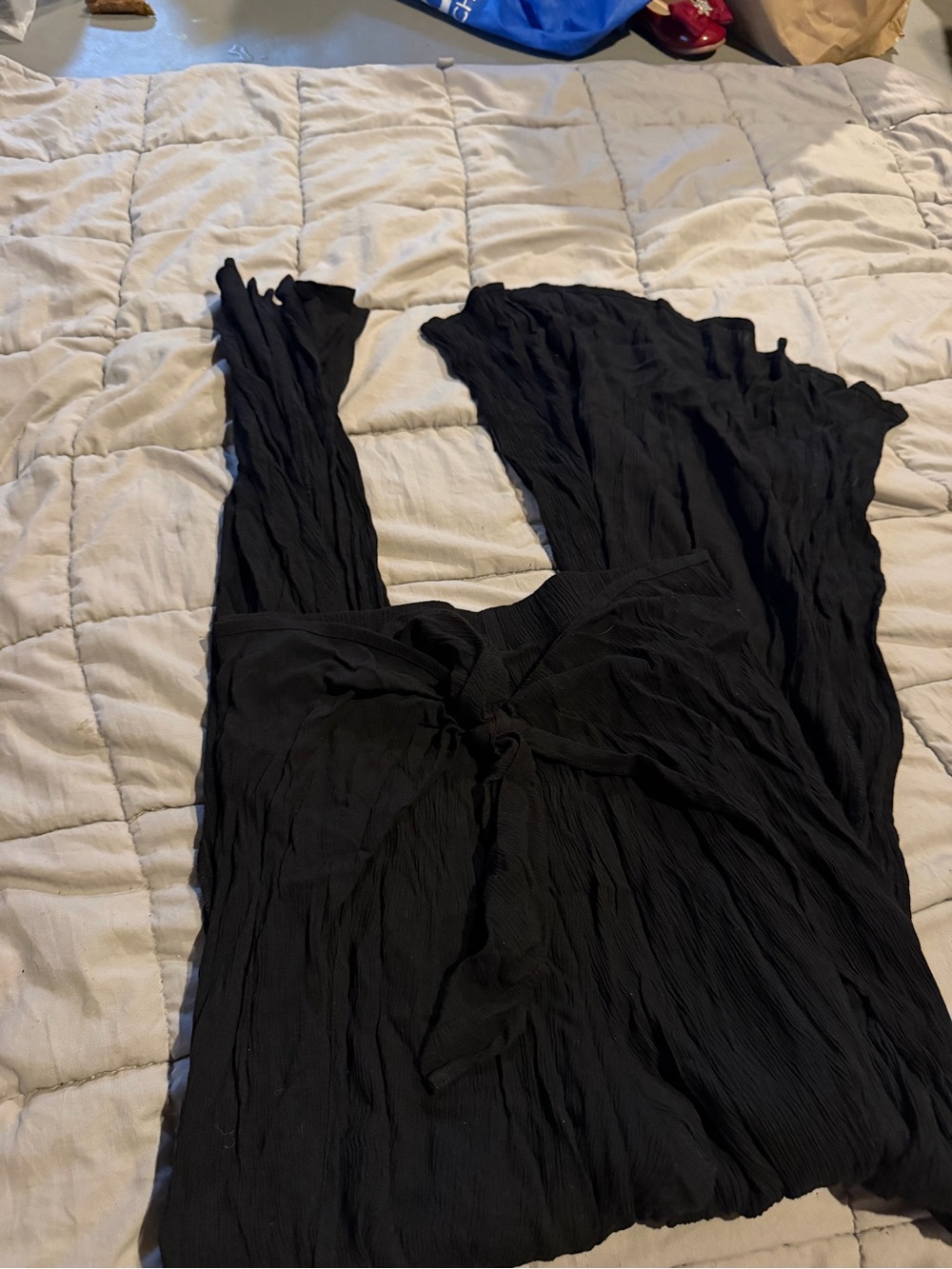 Kona Sol Black Crinkle Wide-Leg pants with Front Tie